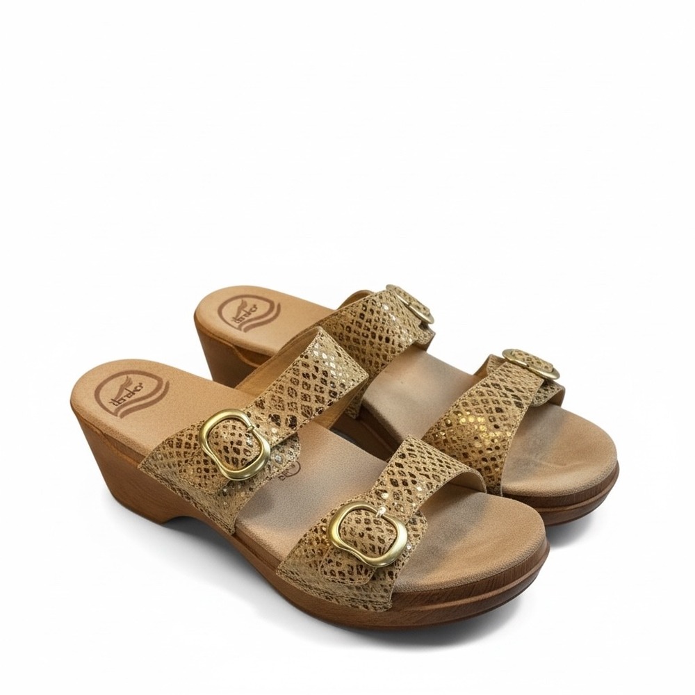 Dansko Sophie Gold Snake Print Leather Double Strap Slides Sandal 41 10